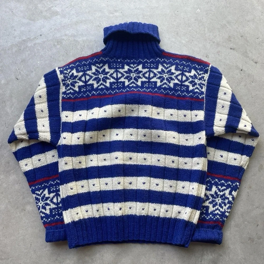 Vintage Polo Ralph Lauren Blue Nordic Fair Isle‎ Sweater Hand Knit Wool Sz M